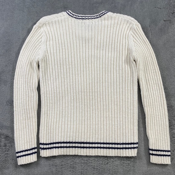 Vintage Sweater Ribbed Knit Striped V-Neck Varsity Cream Navy Sz S Tennis Preppy - Picture 2 of 10